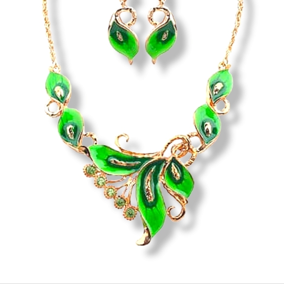 Gold plated Red green purple sparkly crystal feather necklace earrings sets - Picture 6 of 16